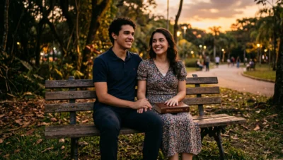 casal jovem brasileiro sentado lado a lado em banco de praça