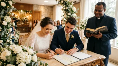 casal evangélico brasileiro assinando certidão de casamento civil