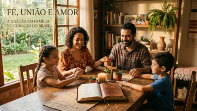 família brasileira — pai, mãe e dois filhos — reunidos em volta de uma mesa com Bíblia