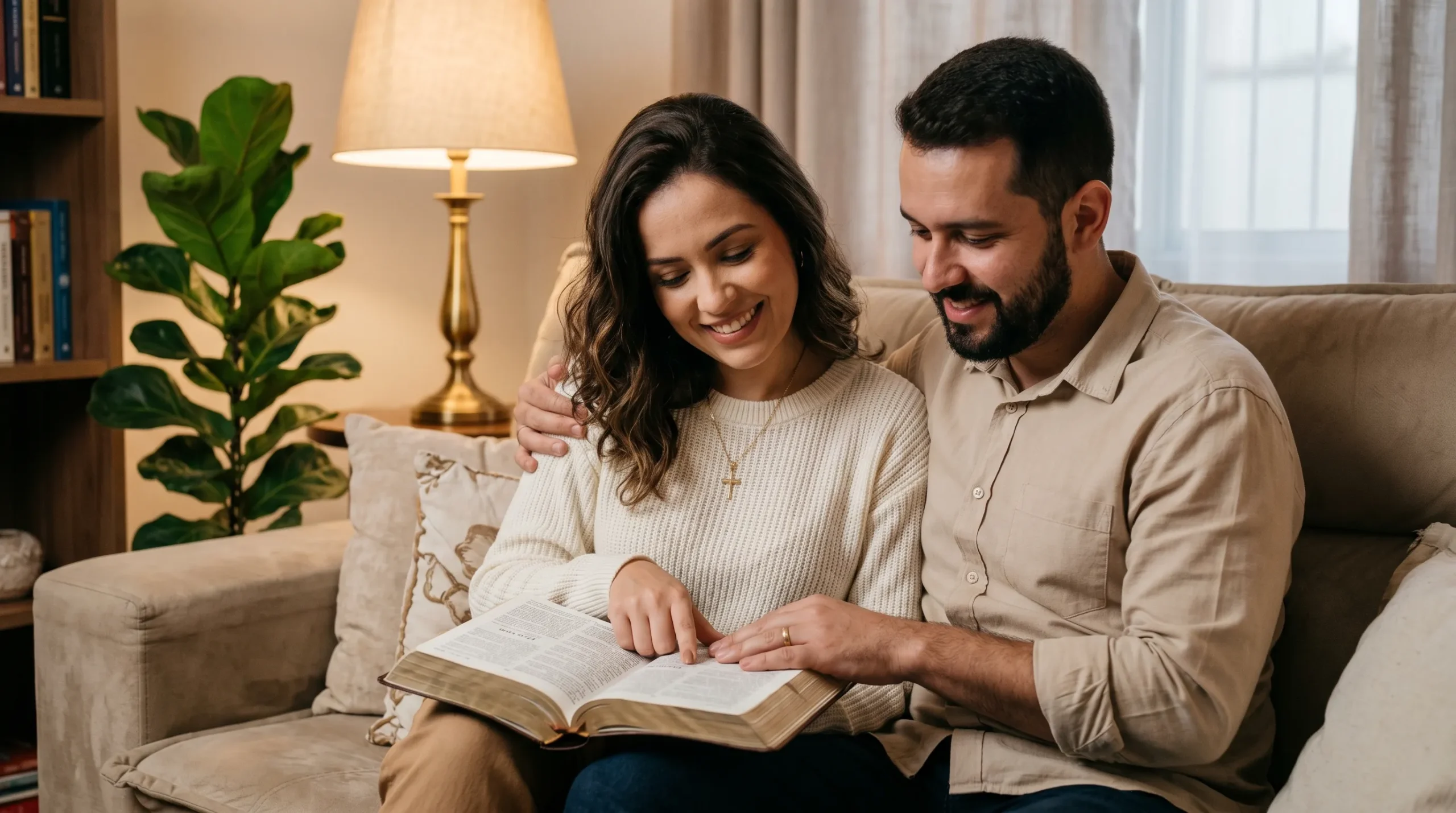 Quais são os 3 pilares da família? casal cristão brasileiro sentado no sofá lendo a Bíblia juntos representando o primeiro pilar da família