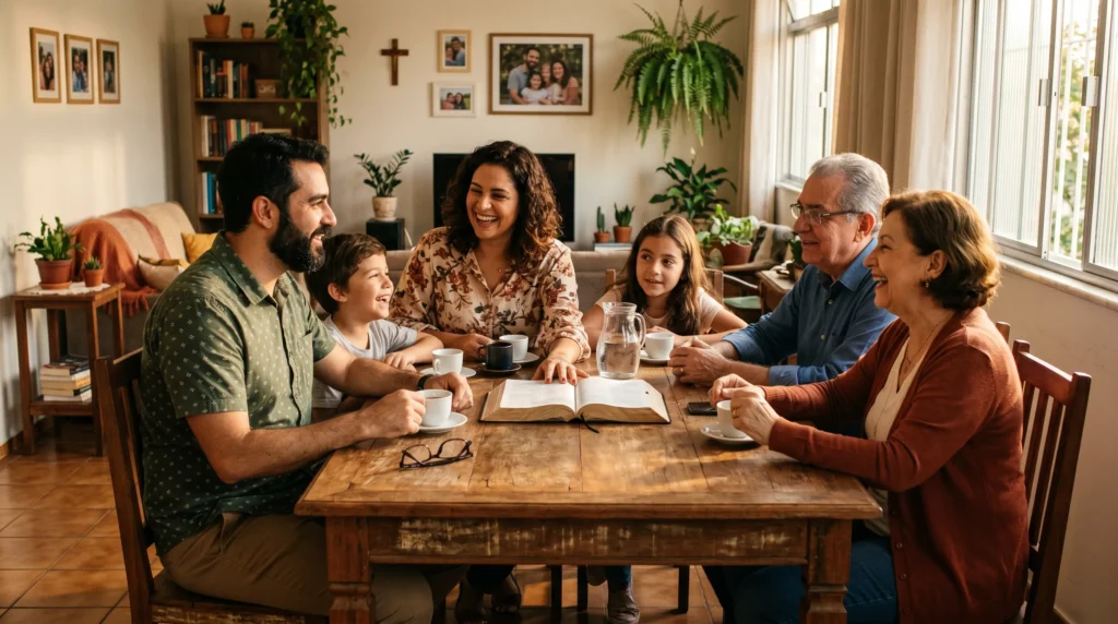 20 Regras de Convivência em Casa Segundo a Bíblia — Lista Completa família cristã brasileira reunida em casa representando regras de convivência em casa segundo a Bíblia