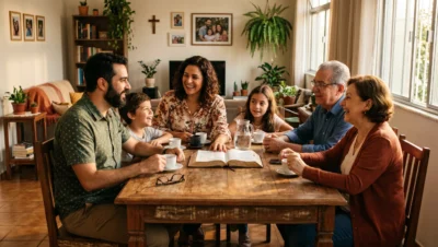família cristã brasileira reunida em casa representando regras de convivência em casa segundo a Bíblia
