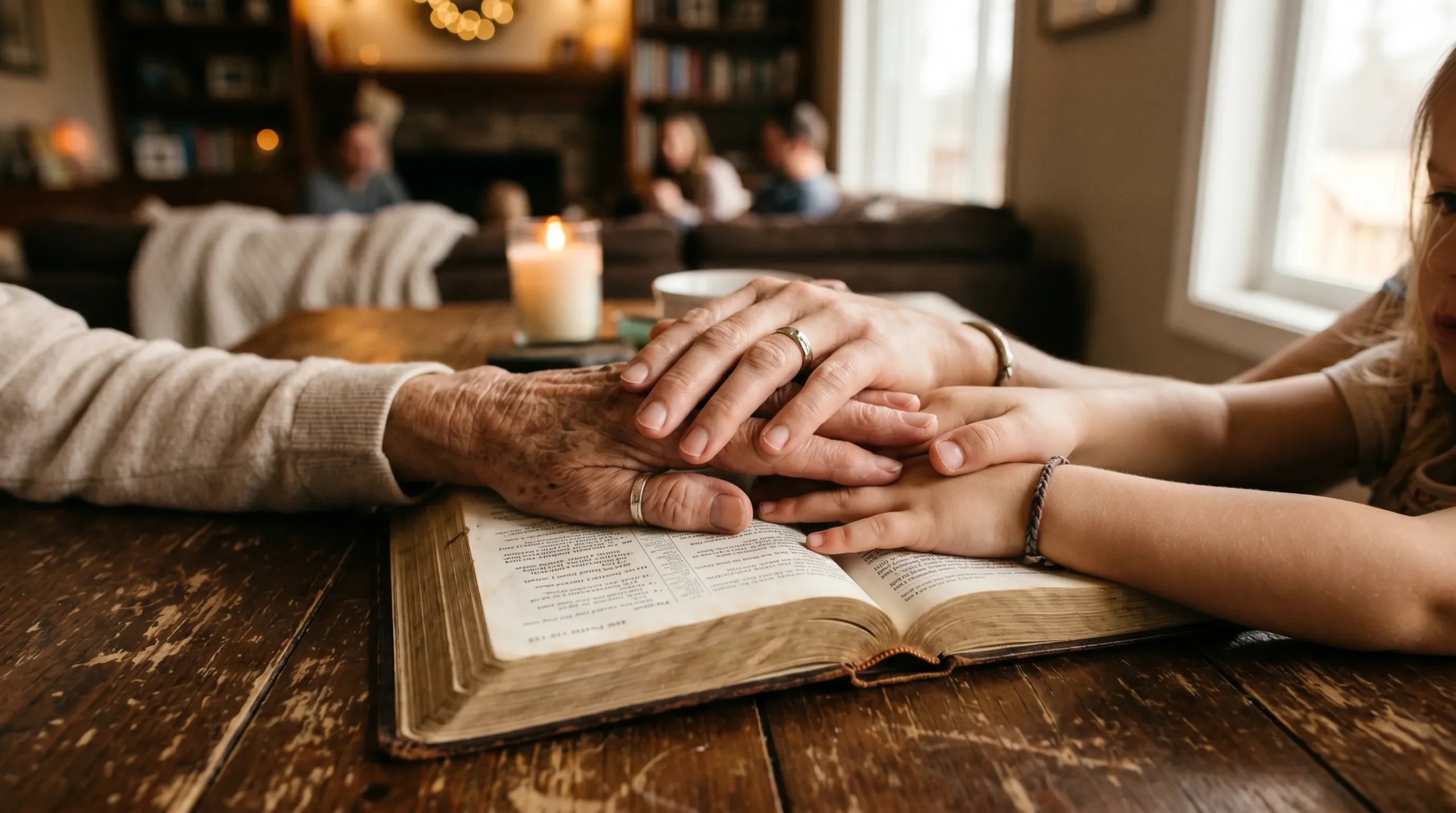 20 Regras de Convivência em Casa Segundo a Bíblia — Lista Completa mãos de família unidas sobre a Bíblia simbolizando convivência familiar cristã baseada na Palavra de Deus