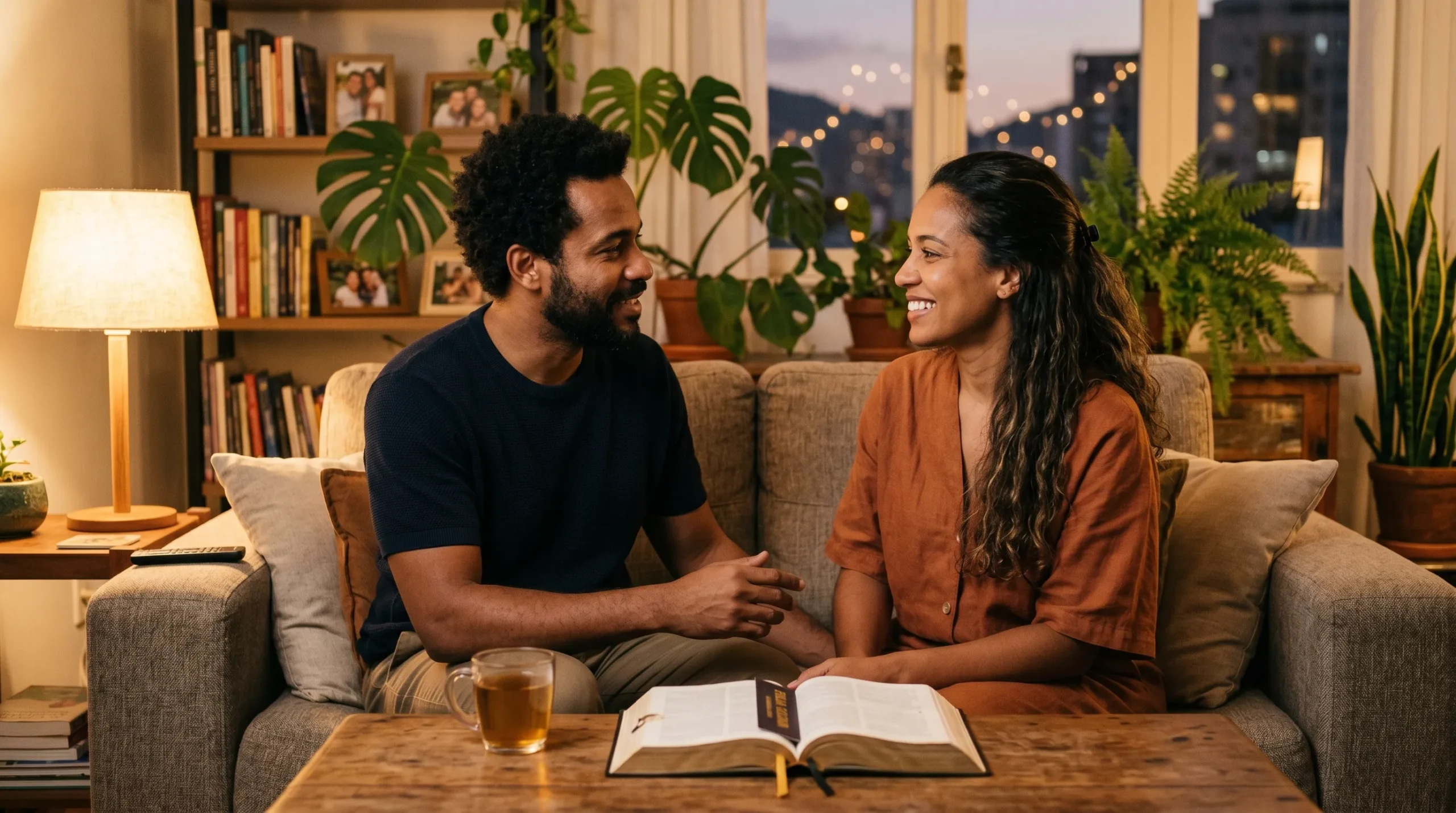 20 Regras de Convivência em Casa Segundo a Bíblia — Lista Completa casal cristão em diálogo harmonioso aplicando regras bíblicas de convivência em casa