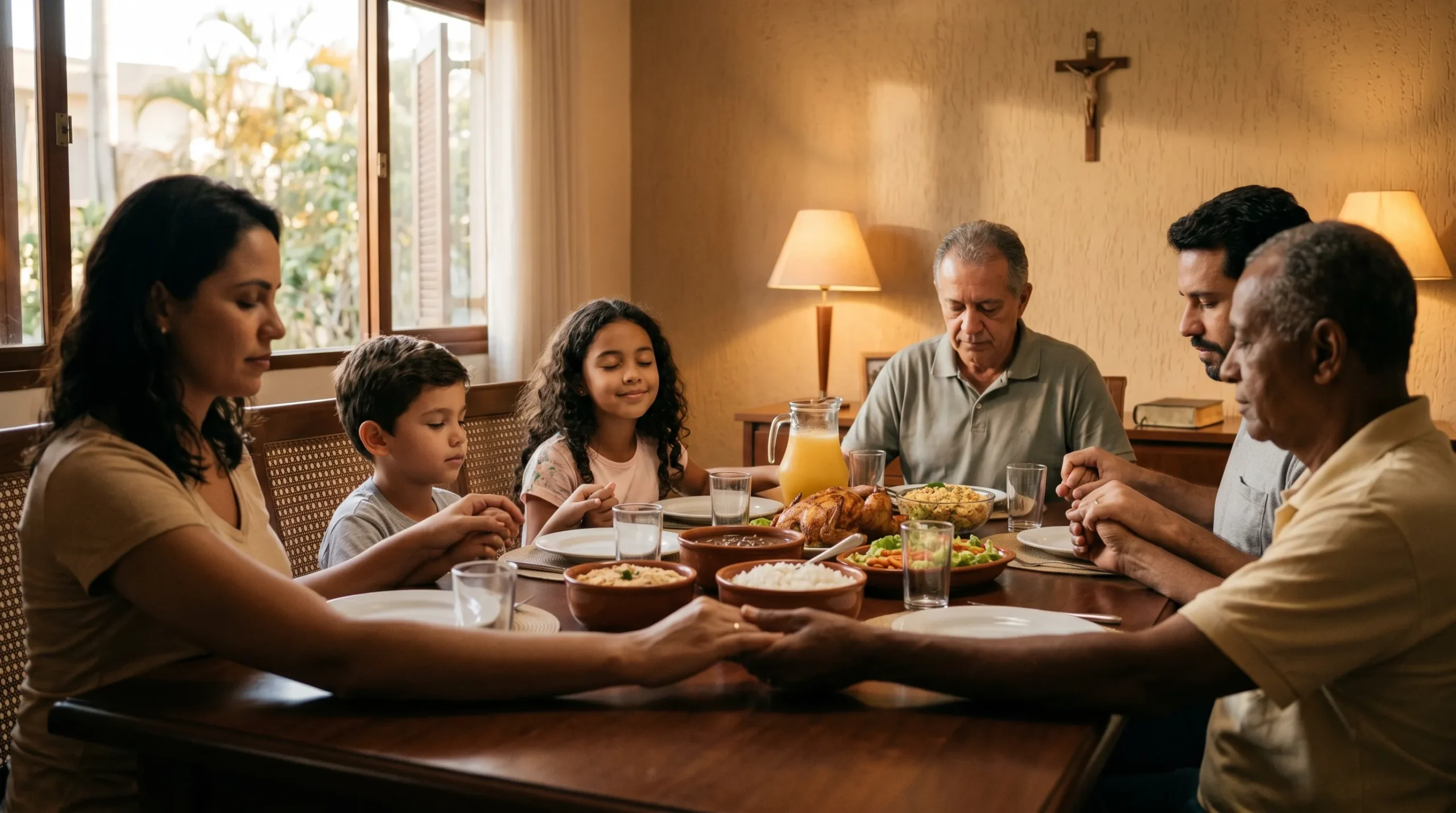 20 Regras de Convivência em Casa Segundo a Bíblia — Lista Completa família cristã orando unida antes do jantar representando o lar edificado sobre princípios bíblicos