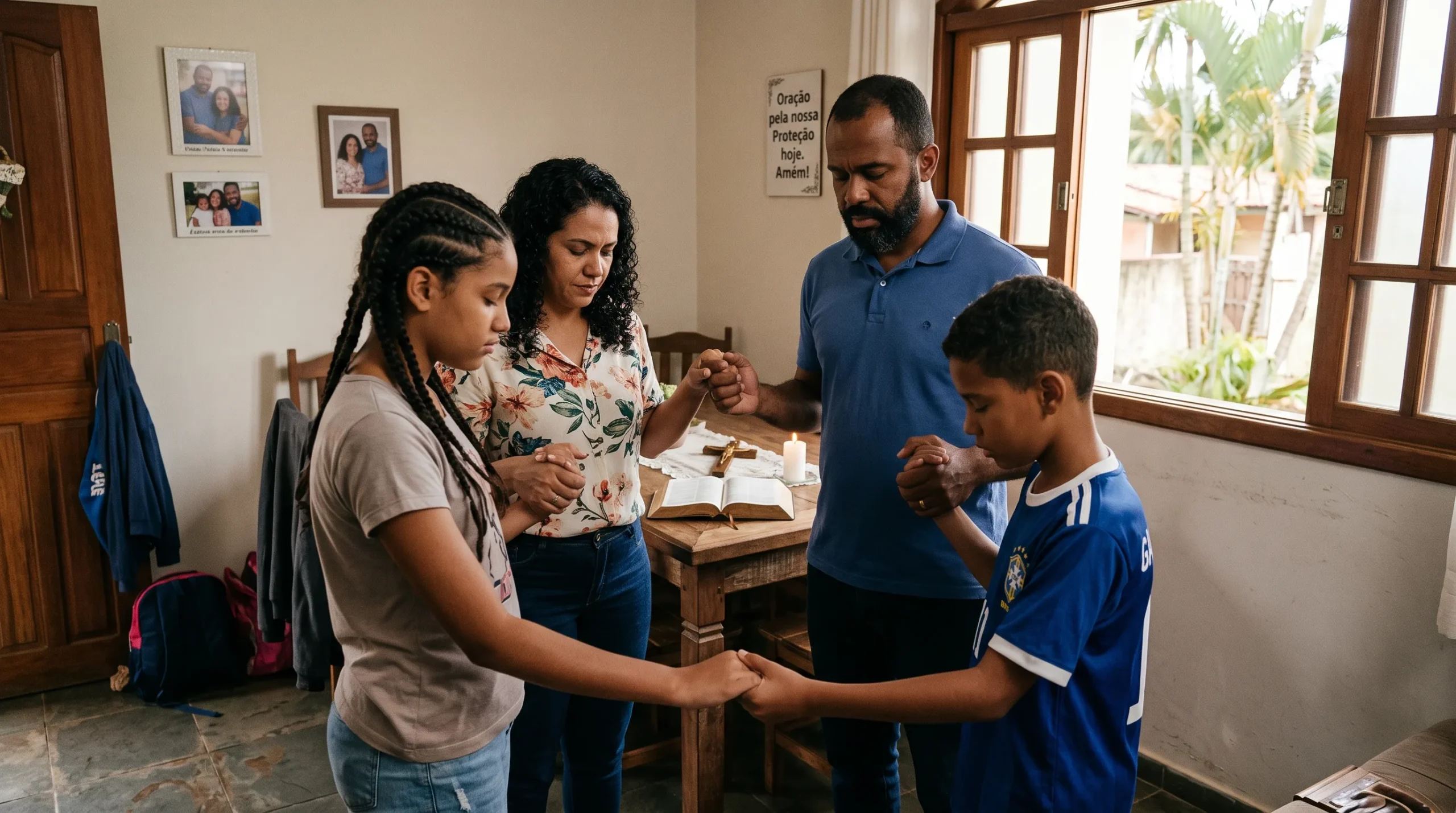 família cristã brasileira em oração de proteção representando o escudo espiritual da oração bíblica poderosa