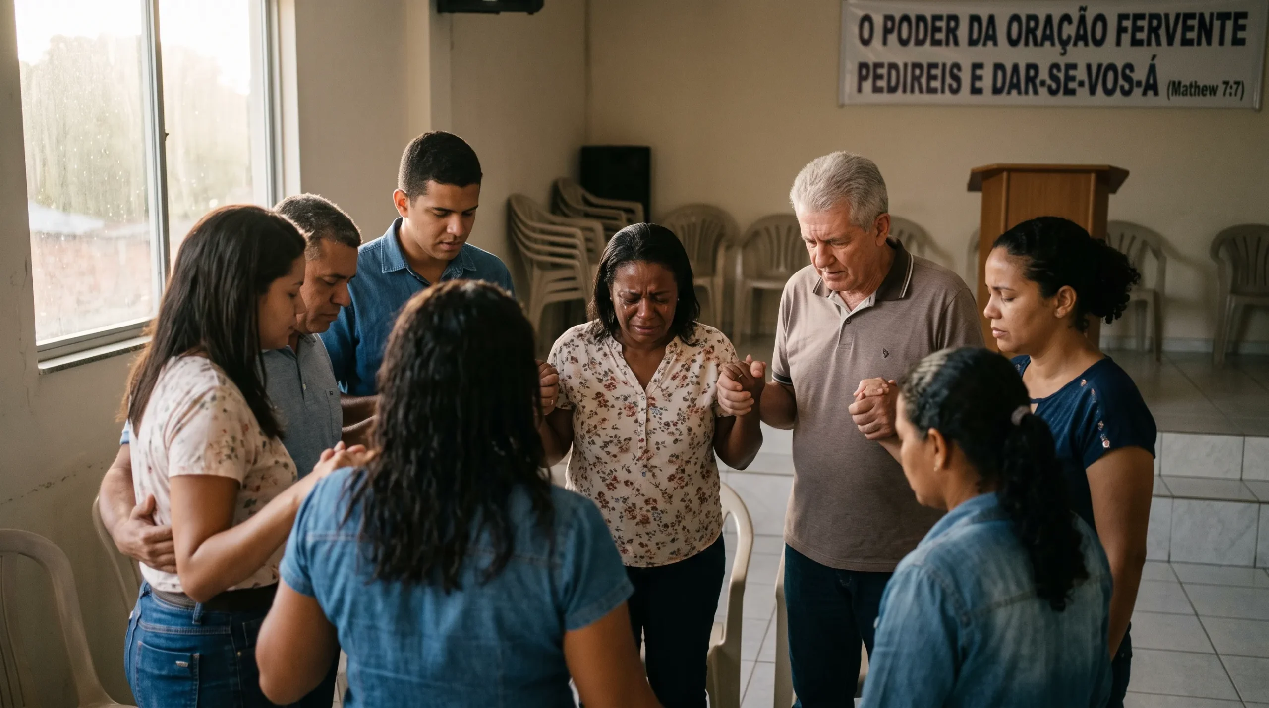 grupo de cristãos brasileiros em oração de intercessão representando o poder da oração coletiva bíblica