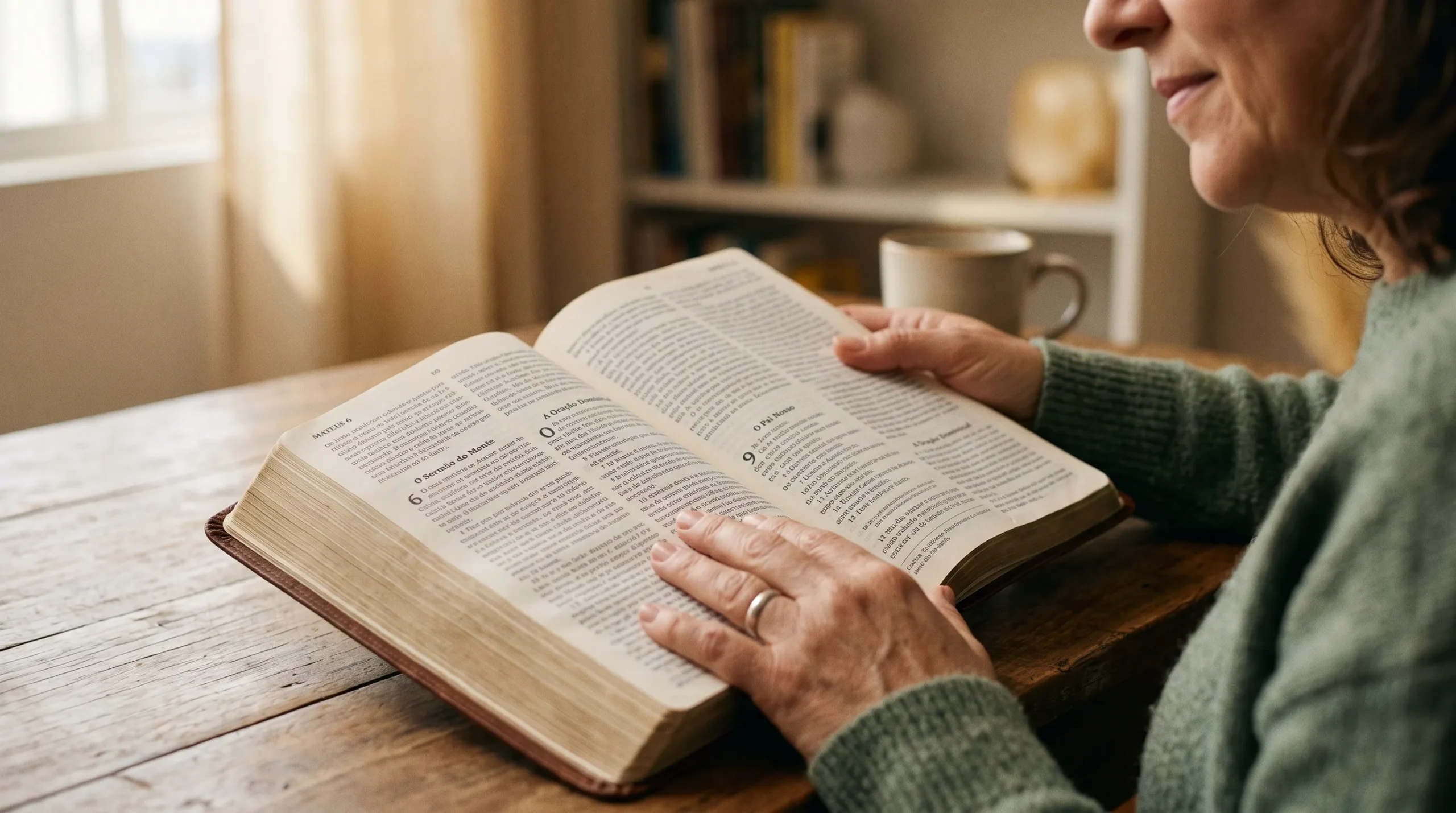 Bíblia aberta no Pai Nosso em Mateus 6 representando a oração poderosa ensinada por Jesus Cristo