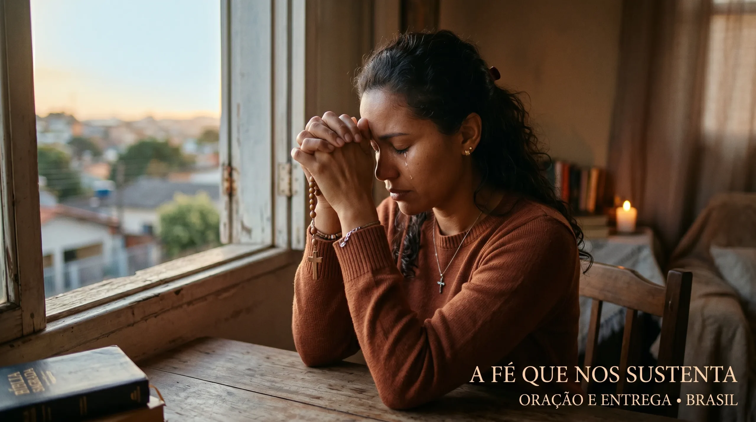 mulher brasileira de mãos postas em oração fervorosa representando a fé persistente das pessoas que oraram e foram atendidas na Bíblia