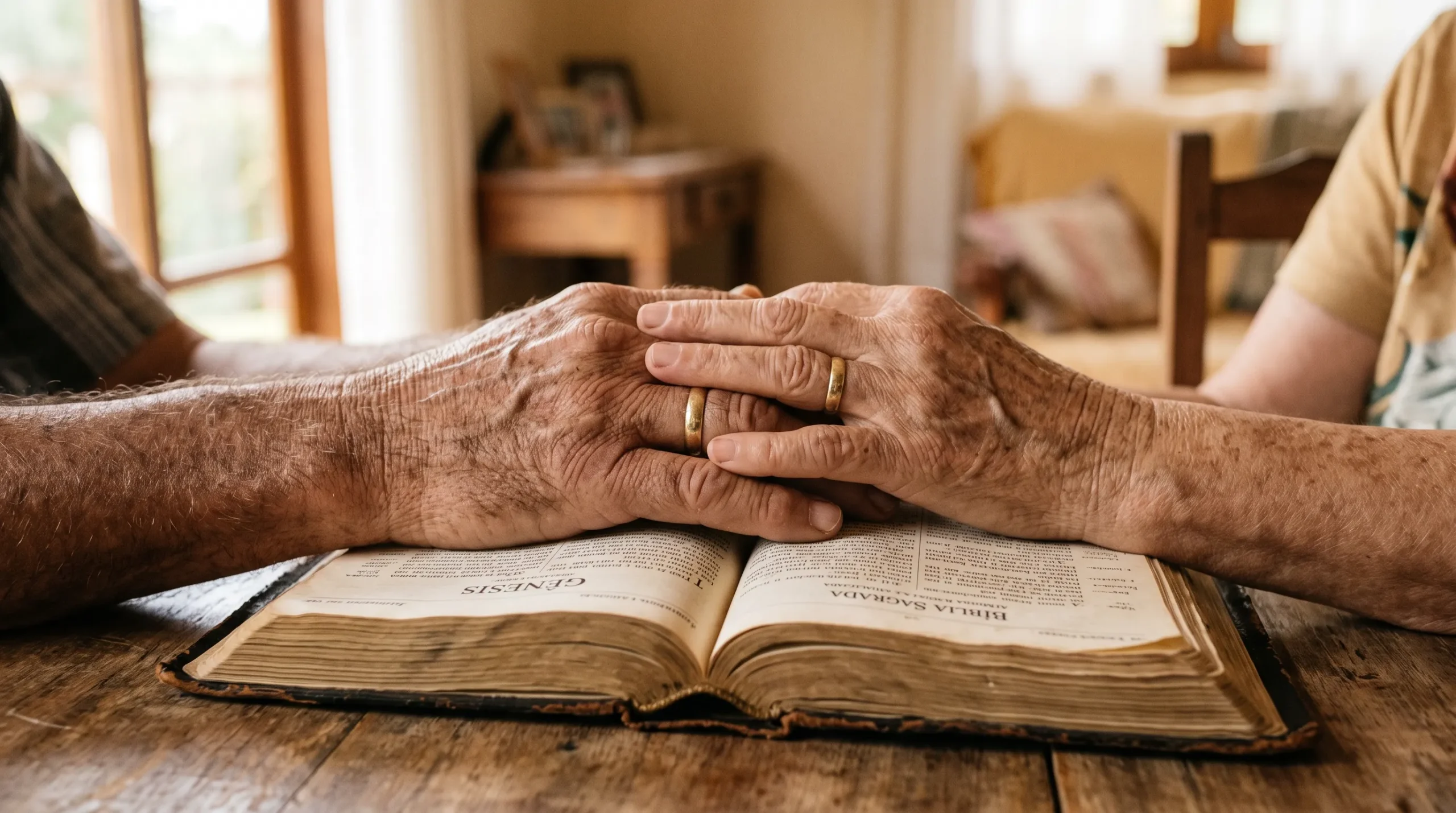 O que Provérbios 5:18 Ensina sobre Fidelidade no Casamento mãos de casal idoso com alianças sobre a Bíblia simbolizando décadas de fidelidade conjugal à luz de Provérbios 5:18
