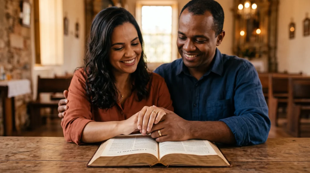 1 Coríntios 7:5 e o Amor no Casamento: o que Paulo Realmente Ensina casal cristão com Bíblia aberta em 1 Coríntios 7:5 representando o amor e a intimidade no casamento segundo Paulo