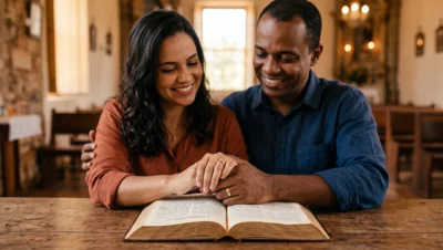 casal cristão com Bíblia aberta em 1 Coríntios 7:5 representando o amor e a intimidade no casamento segundo Paulo