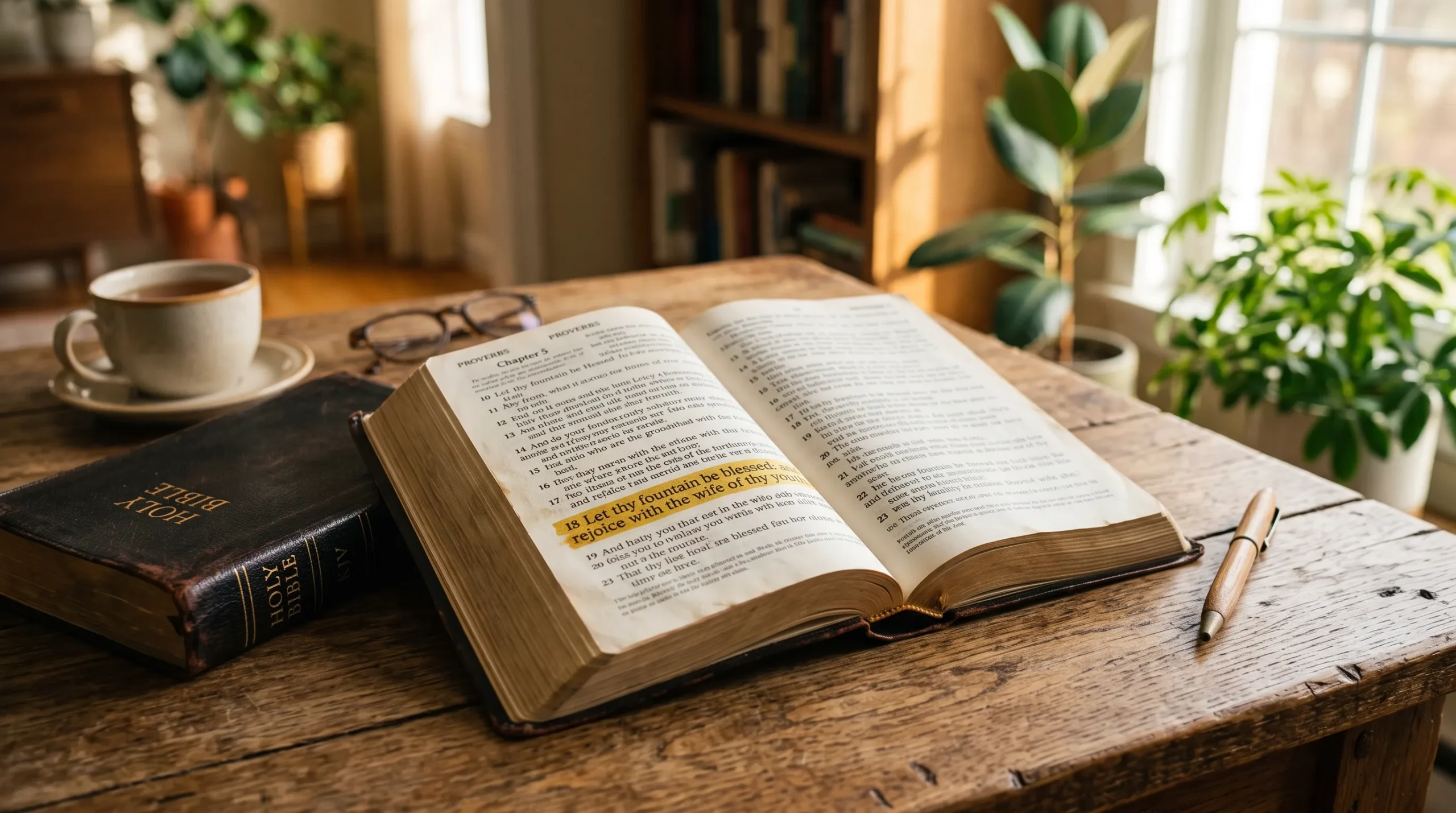 O que Provérbios 5:18 Ensina sobre Fidelidade no Casamento Bíblia aberta em Provérbios 5:18 sobre mesa de madeira representando o ensinamento bíblico sobre fidelidade no casamento