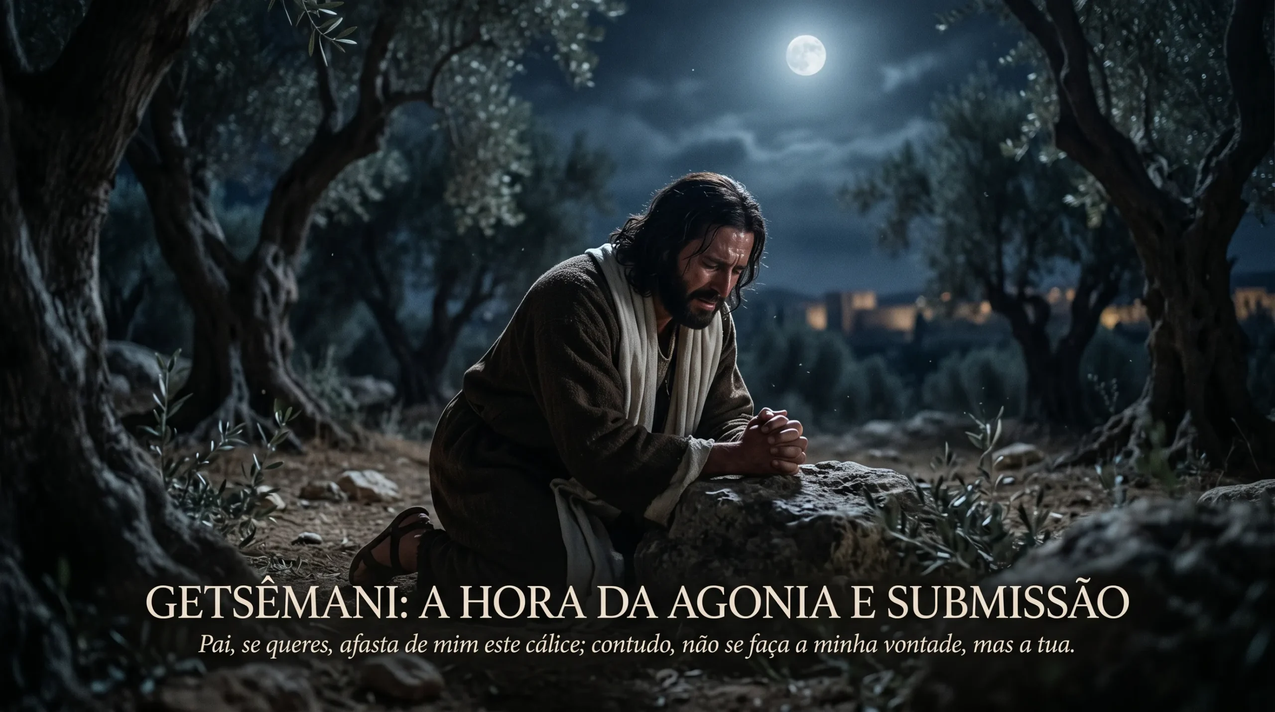 Jesus em Getsêmani ajoelhado em oração solitária representando o exemplo supremo de oração bíblica em voz alta e em silêncio