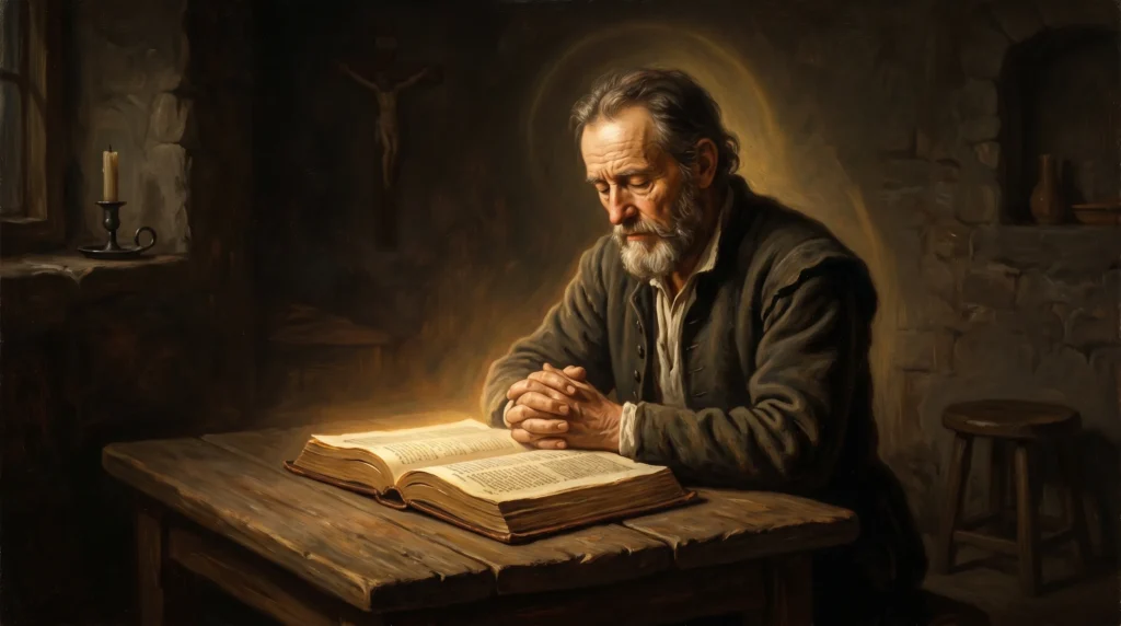 Batalha Espiritual Bíblica: Passos para Vencer a Guerra Espiritual Cristão estudando a Bíblia e em oração, representando o posicionamento na batalha espiritual bíblica.